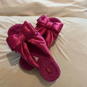 UGG LUSHETTE HOT PINK SLATE SATIN BOW SLIPPERS